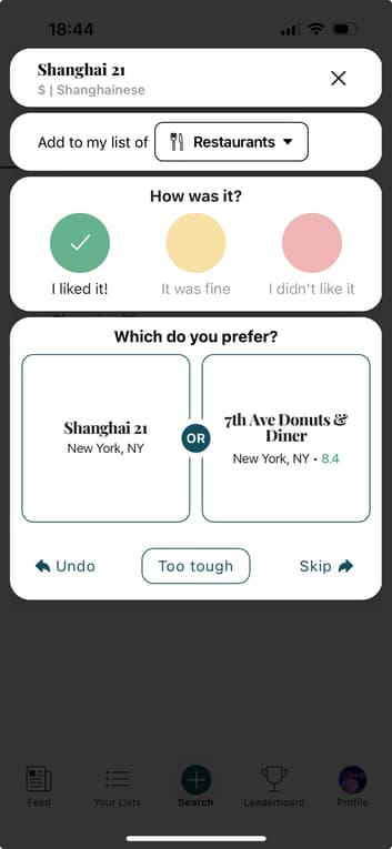 A screenshot of the restaurant-ranking app "Beli"