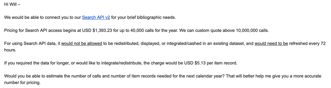 A screenshot of an email with an OCLC representative, quoting a large price for API access.