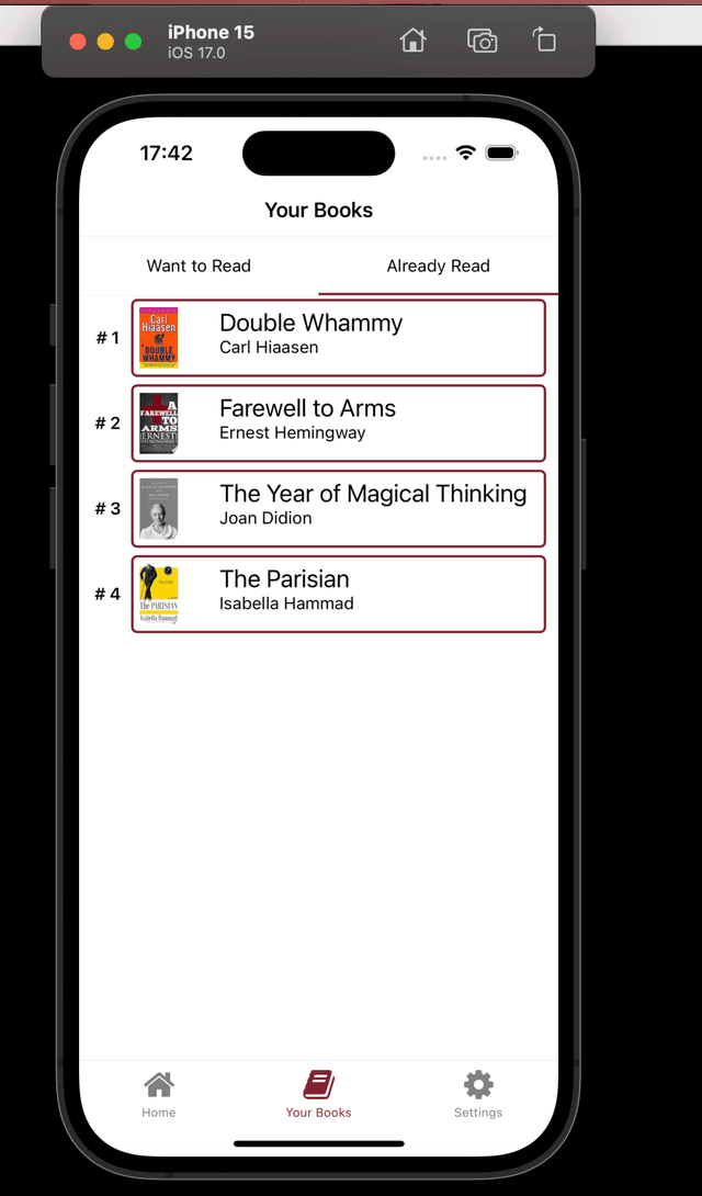 A screenshot of the Ursula app, showing a ranked list of books already read
