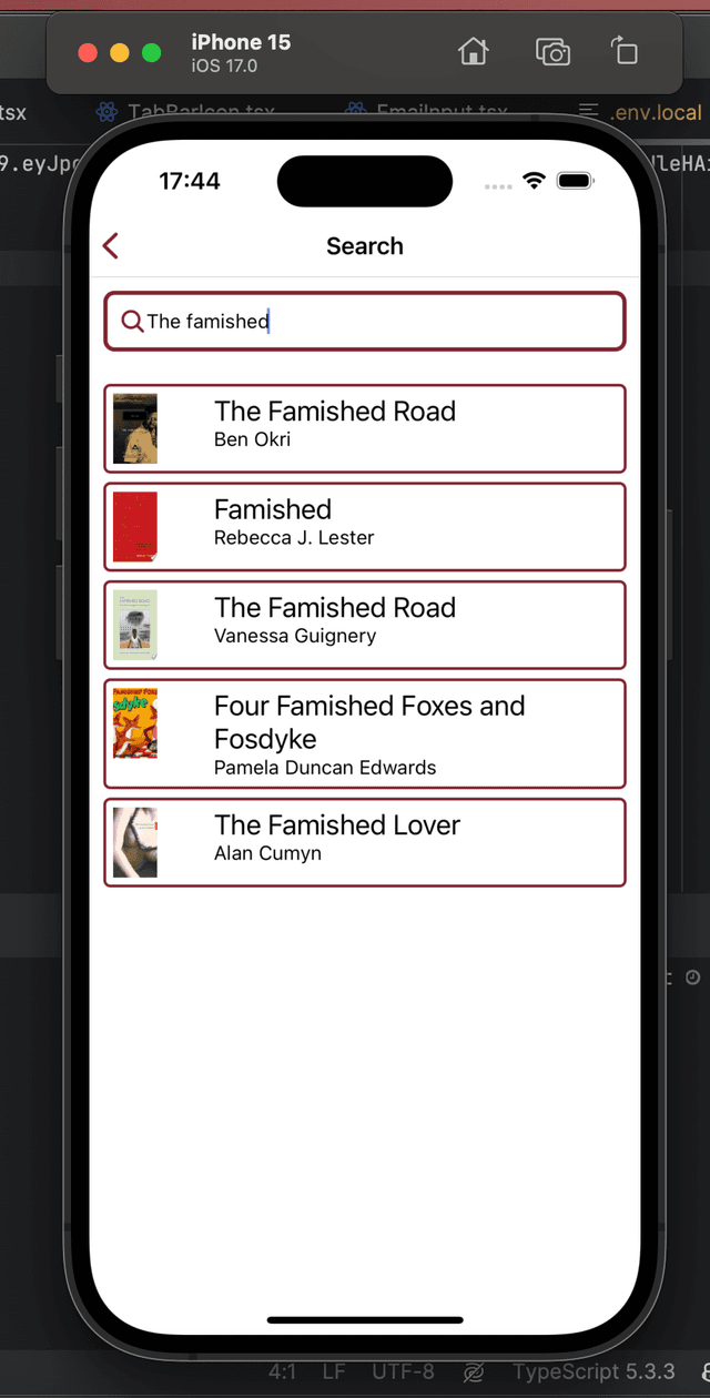 A screenshot of the Ursula app, showing a search bar and a list of books.